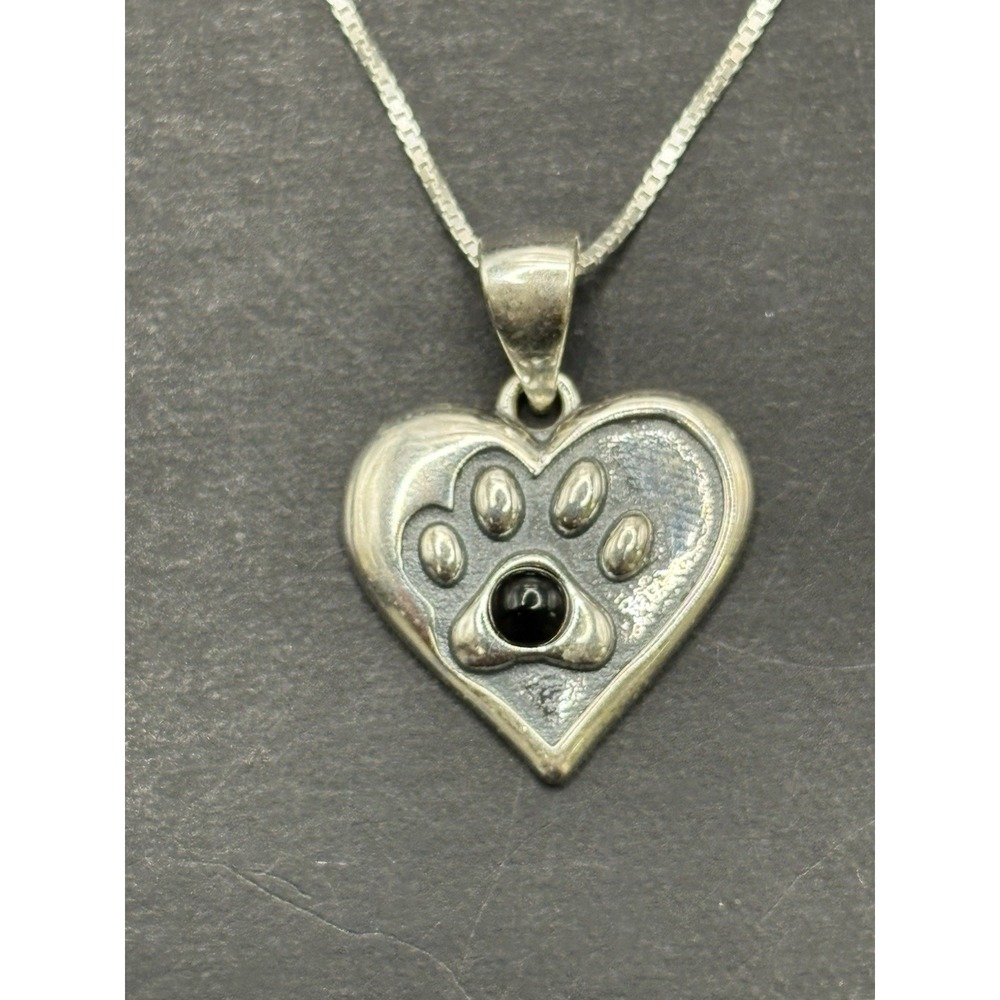New Condition 18" Sterling Silver Onyx Heart Paw Pendant Necklace 925 H20